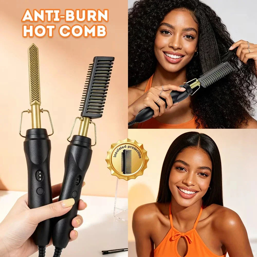 Multifunctional Electric Hot Comb Hair Straightening Brush, Portable Travel Hair Curling Straightening Tool, Plug-in Fast Heat S