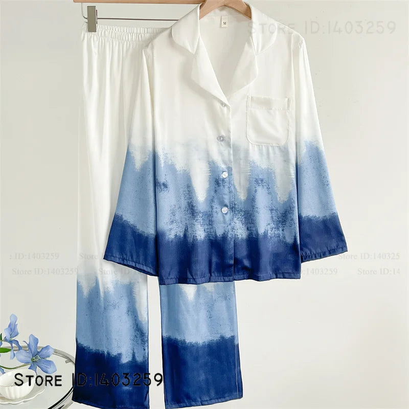 New Women Pijamas Silky Satin 2PCS Pajamas Set Sleepwear Spring Autumn Trouser Lounge Wear Loose Casual Female Homewear Lingerie