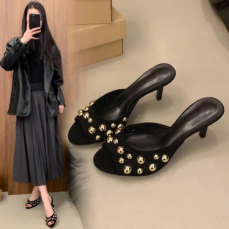 2026 Summer New Women's Shoes Black Velvet Effect Studded Backless One-foot Stiletto Sandals Women's High Heels Zapatos De Mujer