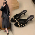 2026 Summer New Women's Shoes Black Velvet Effect Studded Backless One-foot Stiletto Sandals Women's High Heels Zapatos De Mujer