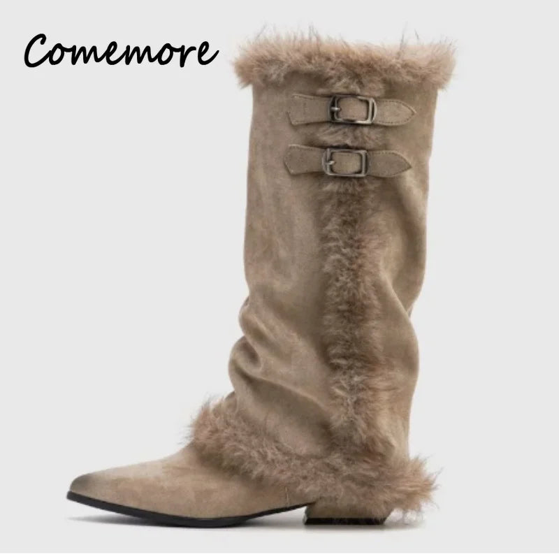 Comemore Winter Warmer Fur Snow Boots Women Autumn Winter Thick Bottom Cotton Shoes Female Two Wear Furry Round Toe Short Botas