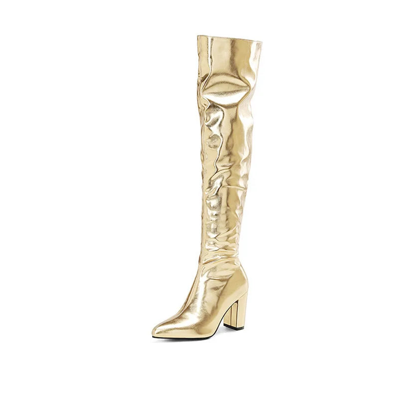 Sexy Over the Knee High Boots Women Party Dance Winter Shoes Ladies Silver Gold Thick High Heel Custom Botas Feminina WSH4928
