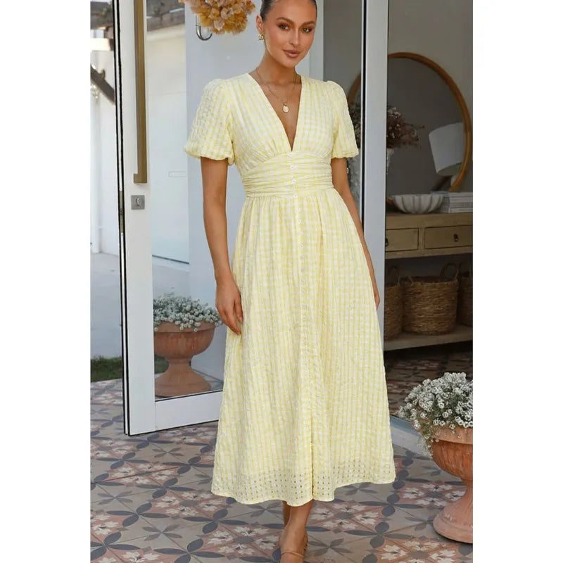 Woman Summer Elegant Midi Dress Sexy Deep V-neck Puffed Sleeves Simple Style High Waist Dresses Lady Solid Color Sweet Vestidos