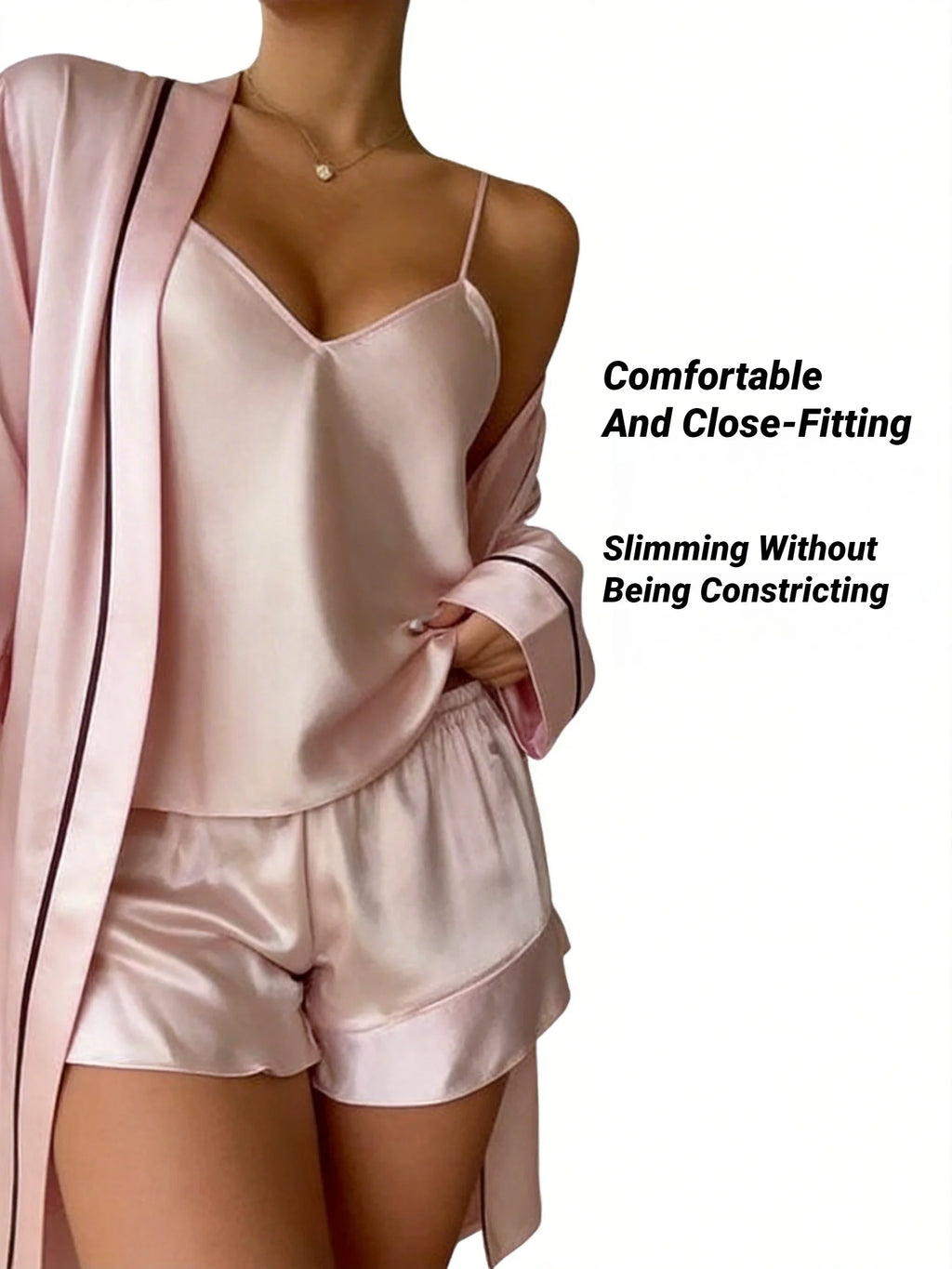 Simple Satin Pajama Set Long Sleeve Belted Robe V Neck Cami Top And Shorts Women's Sleepwear