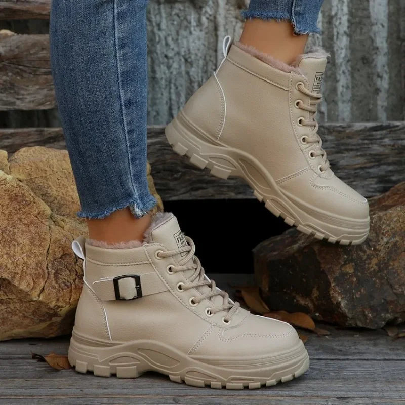 Womens Fashion Winter Snow Boots Warm Fleece Lined Lace Up Chunky Platform Ankle Booties Side Buckle Comfort Daily Walking Shoes