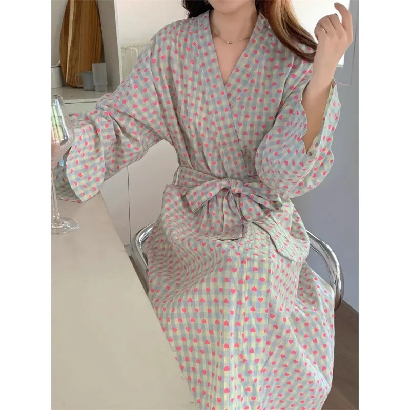 bathrobe women's bathing love plaid loose long sleeve long kimono V-neck lace up trousers nightgown sexy robe women's girl
