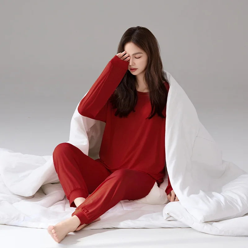 Pijama Mujer Invierno Bra Pad Lounge Sleepwear New Long Sleeve Trousers Sets Soft Modal Pajamas Women Autumn Winter Home Service