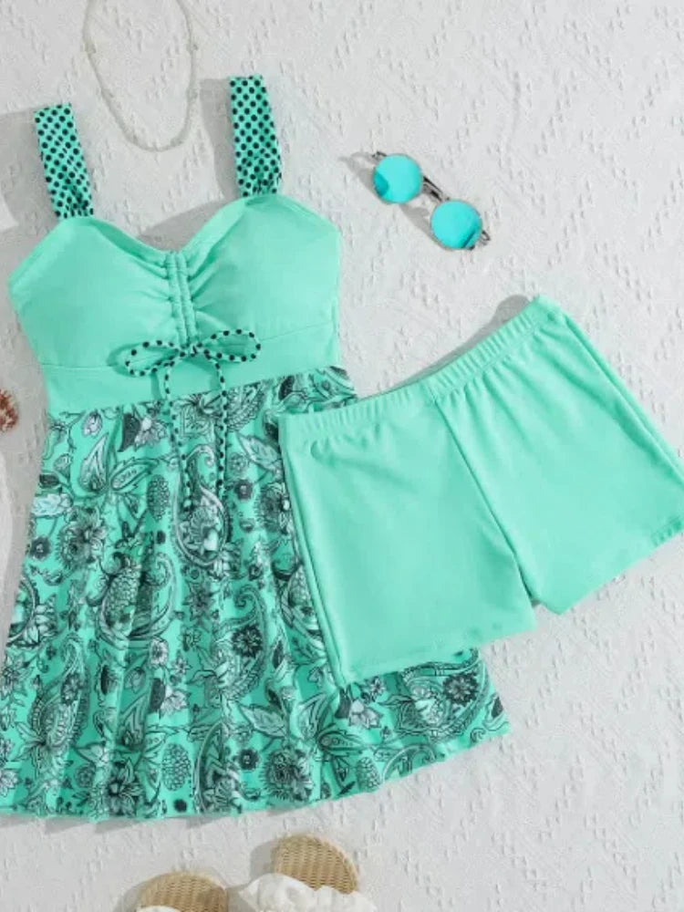 2025 Women's Modest Swim Dress Bikini Set Sexy Blue Floral Two-Piece Swimwear with Skirt Cover Summer Beach Swim Outfits Holiday