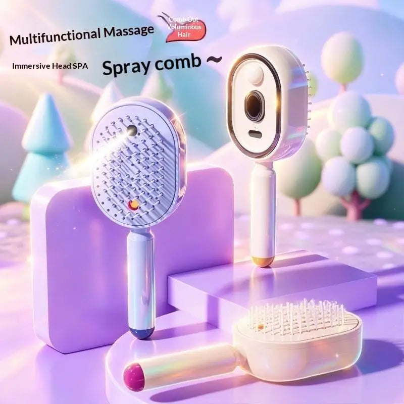 Electric Spray Hair Brush 2-In-1 Misting Hair Brush With Water Spray Reduce Frizz Anti-Static Retractable Steam Massage Comb^+~