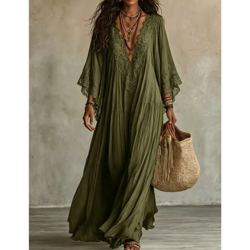 Boho Vintage Women's Summer Dress Lace Trim V Neck Flowy Maxi Dresses Women Flared Sleeve Loose Elegant Holiday Robe Vestidos