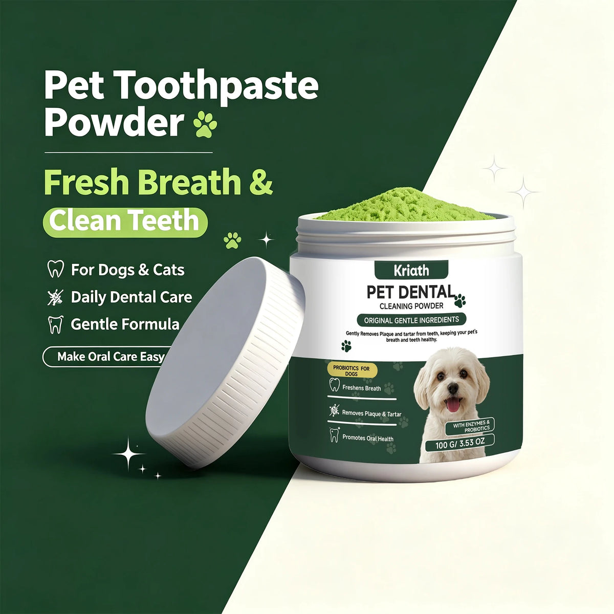 Pet Dental Cleaning Powder Freshen Breath Remove Plaque Tartar Probiotics Enzyme Dog Teeth Care Powder Daily Pet Oral Care 100g