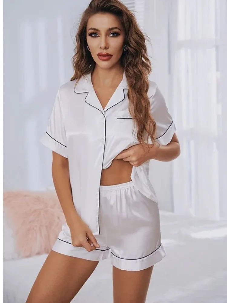 Summer Silk Satin Pajamas Set Women Sleepwear Button-Down Short Sleeve Tops and Shorts Two-piece Pijama Sets Loungewear