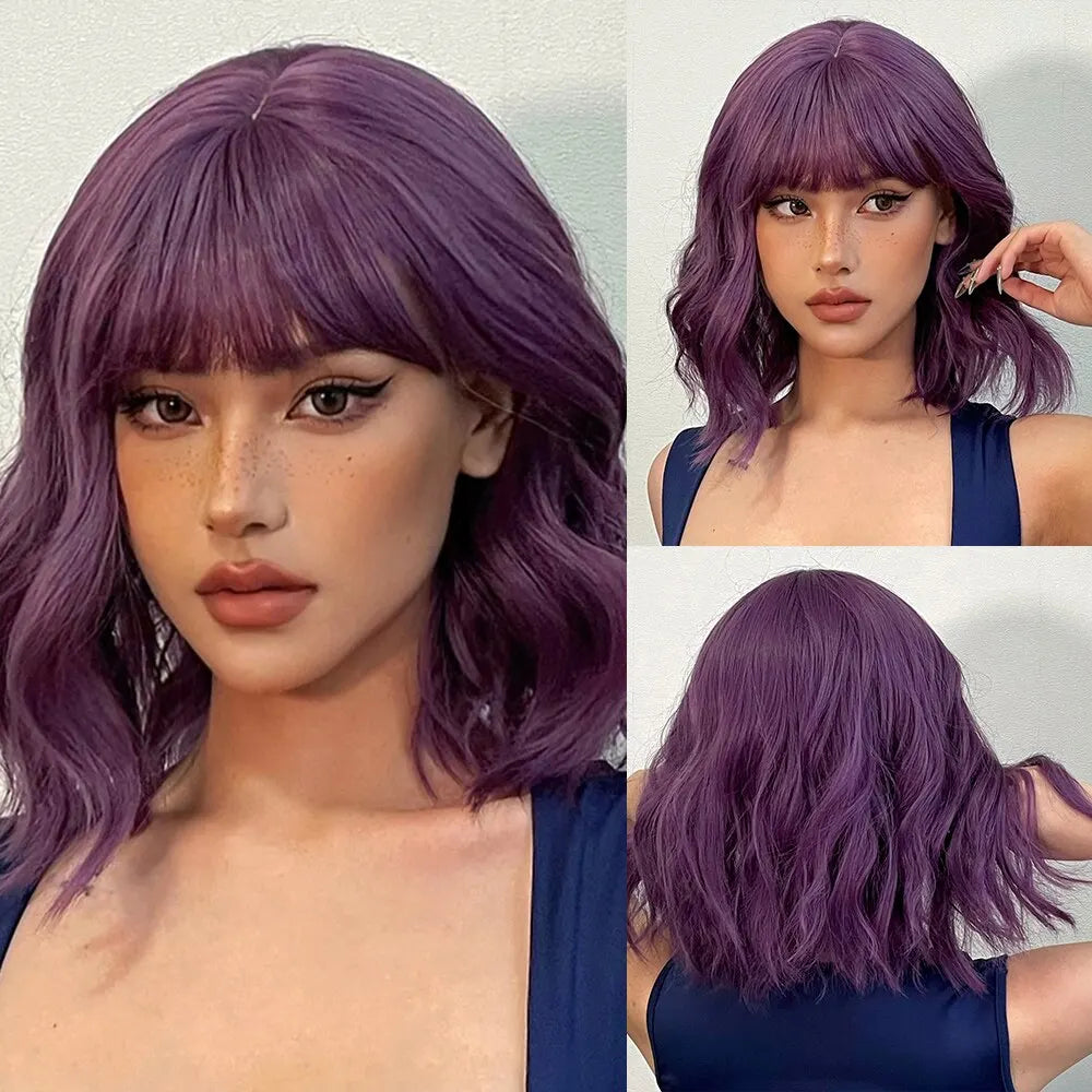 Short Wavy Bob Wigs for Women Dark Brown Bob Natural Synthetic Wig with Bangs for Girl Daily Cosplay Use Heat Resistant
