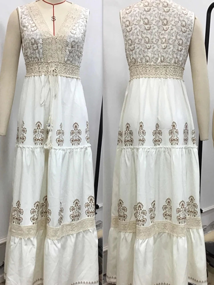 Women's Summer Boho Floral Print Long Dress Sexy V-Neck Dresses Female Beach Holiday Flowy Dress Ladies Elegant Vintage Vestidos
