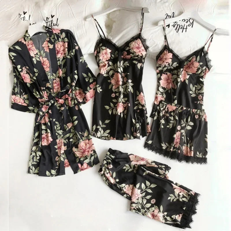 2026 Pajamas for Women Summer Sexy Pajamas Five-piece Set Suspender Pajamas for Women Home Wear with Chest Pad Bathrobe