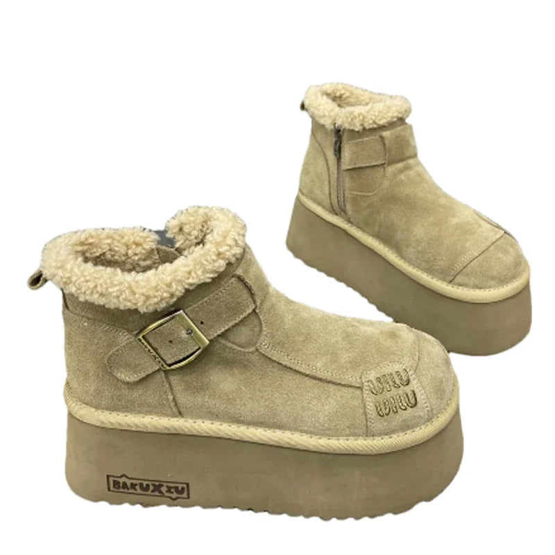 2024 New Fur Platform Women Ankle Boots Flats Suede Warm Shoes Woman Trend Designer Brand Short Plush Cozy Femme Snow Botas