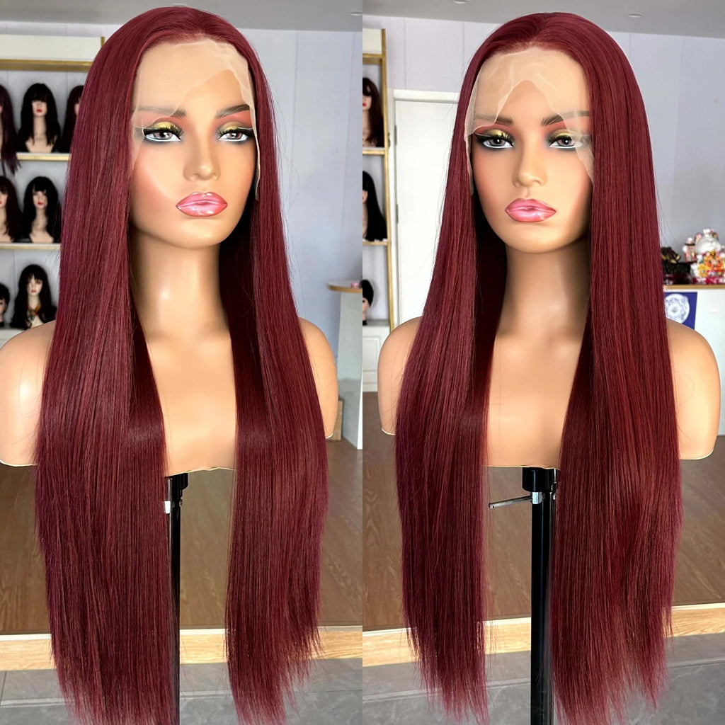 Burgundy Long Silky Straight Wig Synthetic Free Part Dark Red Natural Hair 13X4 Lace Front Wigs for Women Daily Party Cosplay