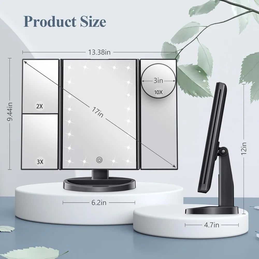 Large Foldable LED Makeup Mirror - 2X/3X/10X Magnification, USB & Battery Powered, Retro Tabletop Design for Home/Travel