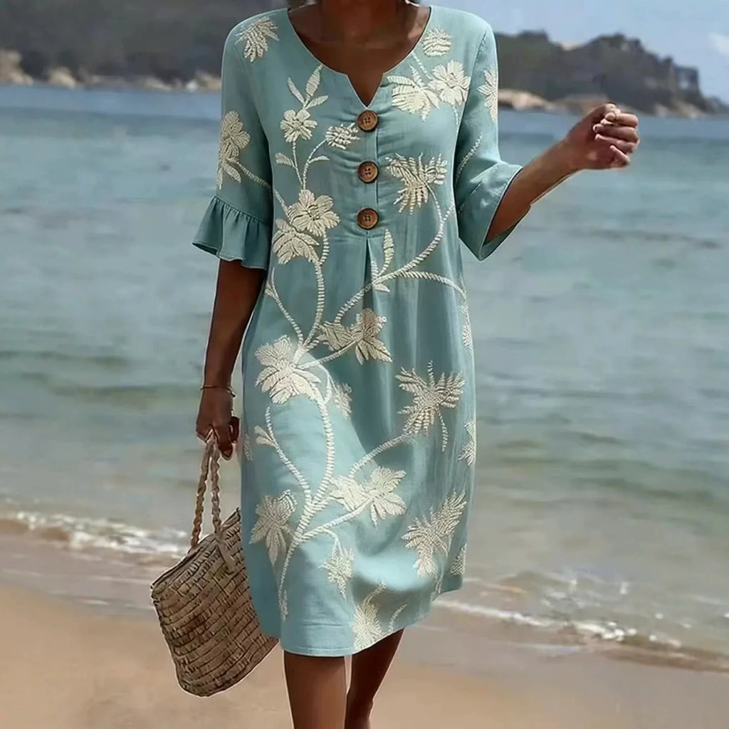 Summer Vintage Printed Dress Women Casual V Neck Half Sleeve Button Design Midi Dresses For Women Loose Beach Holiday Dress Boho