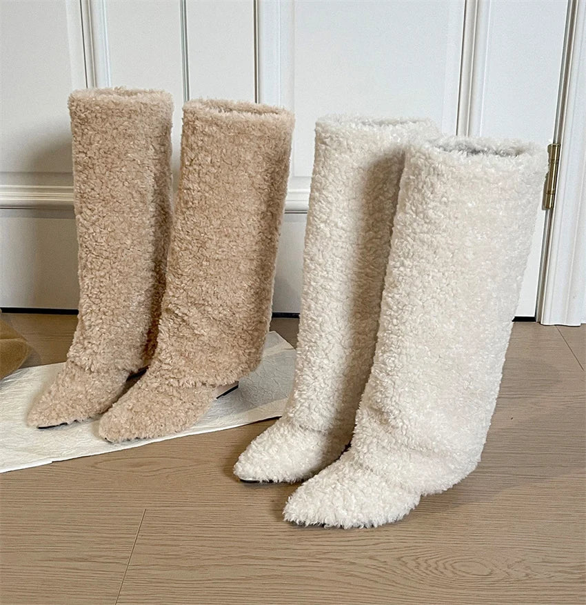 botas mujer Lamb's Wool Snow Boots for Women Pointy Toe Wedges Slip On Warm Hotties Knee High Boots  Winter Soft Furry Shoes