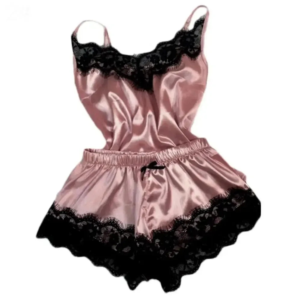 Fashion Women Pajama Suit V-Neck Stretch Satin Babydoll Lace Sexy Lingerie Bowknot Pyjamas Sleep Shorts Set Sleepwear