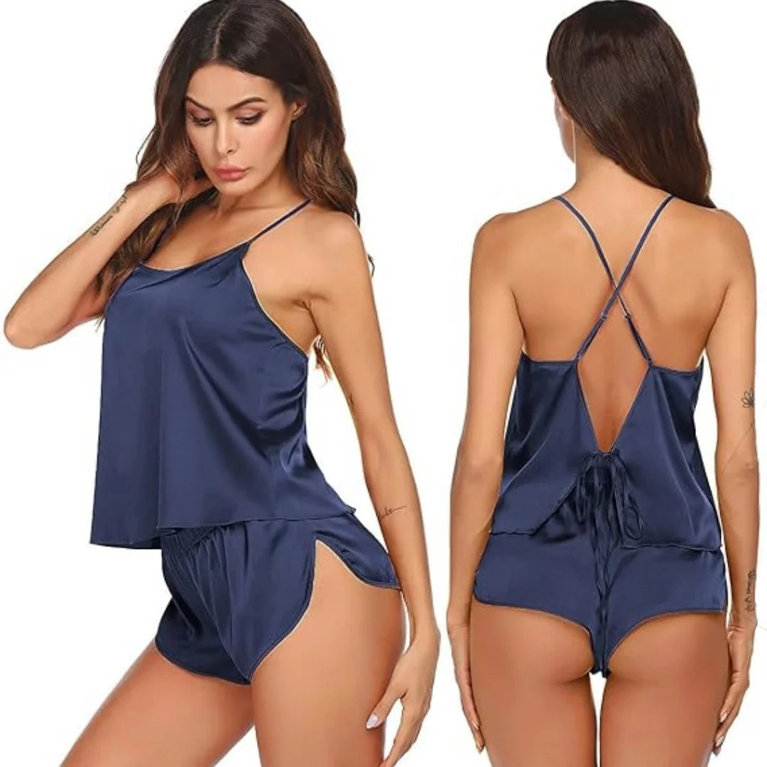 Silk Pajamas Set for Women Satin Backless Lingerie Pjs Cami Top and Shorts Nightwear Sexy Satin Lingerie Pjs Cami Top