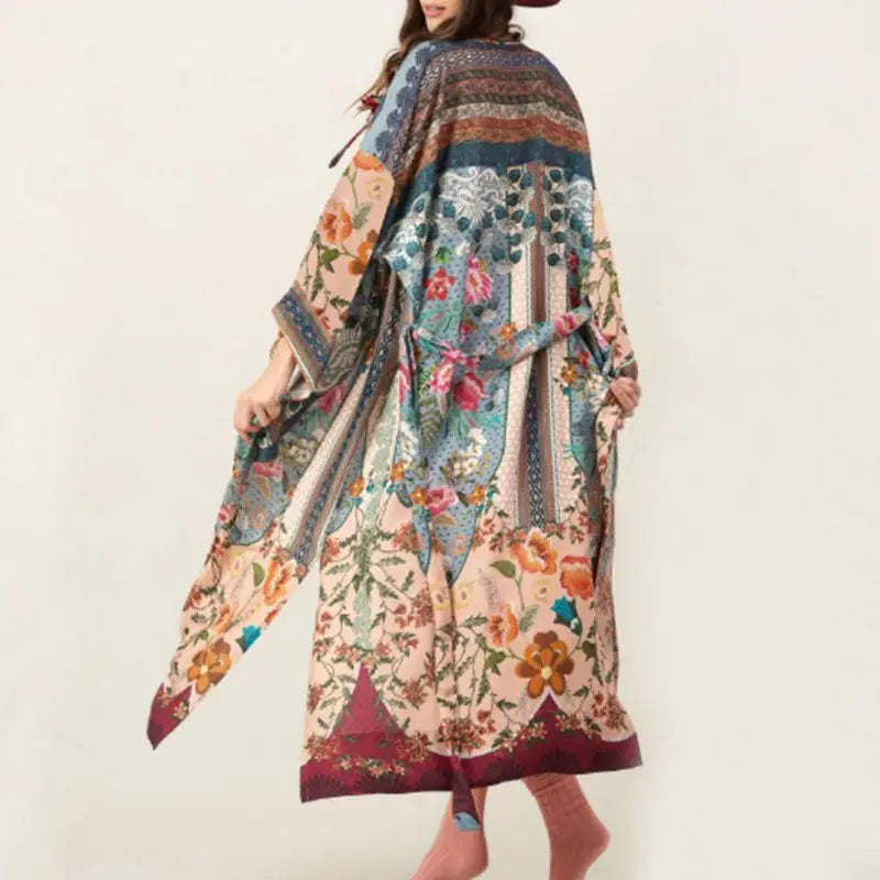 Women's Beach Swimsuit Cover Up Bohemian Floral Print Long Sleeve Cape Drawstring Front Slit Robe Perfect For Beach Vacation