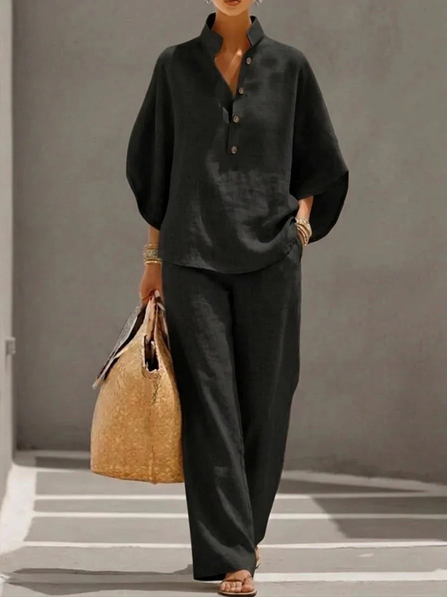 New Women's Casual Shirt Suit Fashion Elegant Balck Holiday Party 2 Piece Set Wide Leg Trousers 2-piece Set Retro Female Office