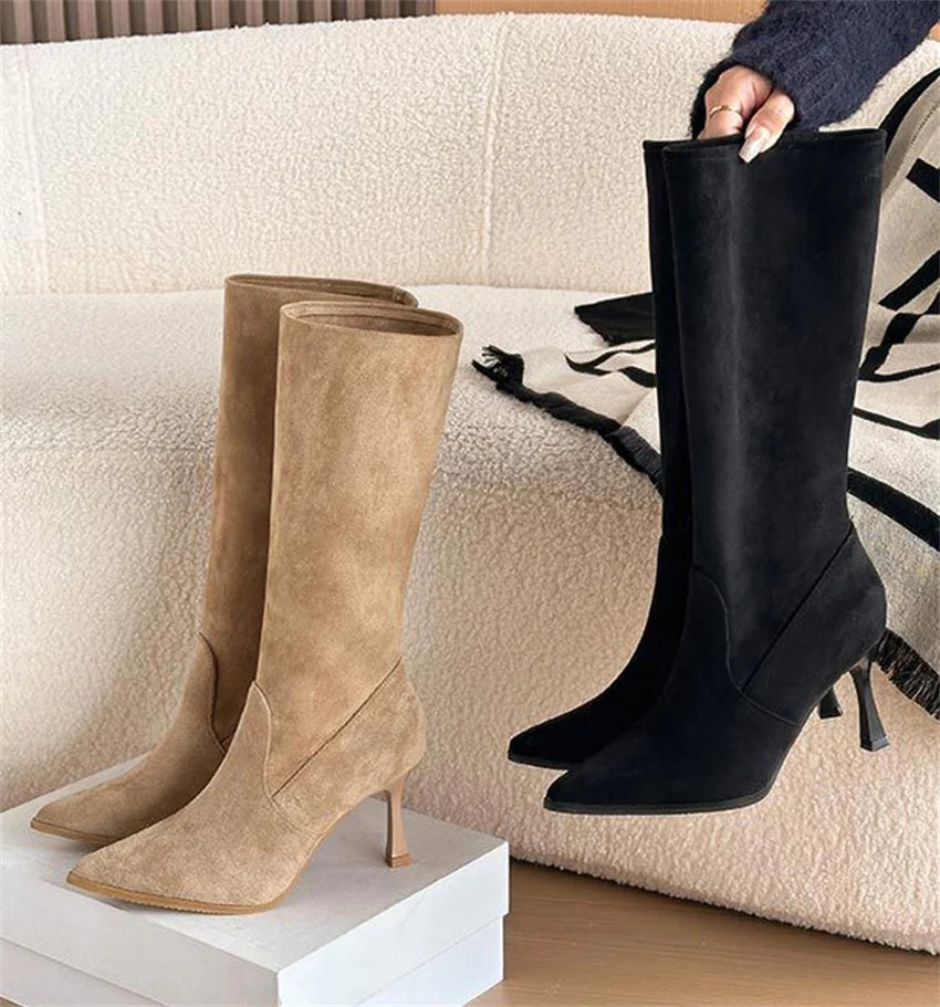 Zapatos De Mujer Winter Women Knee-High Boots Street Pointed Toe Thin High Heels Faux Suede Ladies Shoes Long Botas De Mujer