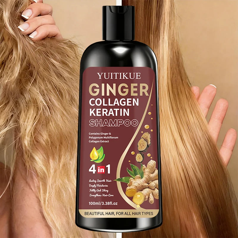 YUITIKUE 4-in-1 Ginger Collagen Keratin Shampoo 100ml with Polygonum Multiflorum for All Hair Types