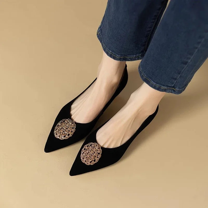 French Black Med Heels Women's Shoe Comfortable Office & Career Shoes Soft Leather Suede Pointed Shallow Shoes Pumps Zapatos