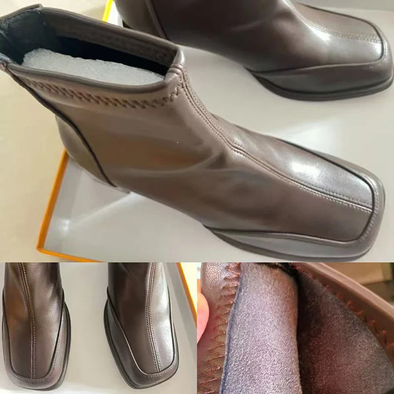 British Vintage Square Toe Ankle Boots Women 2025 Autumn Winter Thick High Heel Black Pu Boots Woman Cowboy Short Booties Shoes