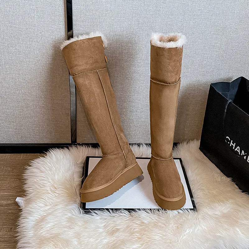 Snow boots for women 2025 new winter high-end button up long tube boots for warmth and height increasing boots for women
