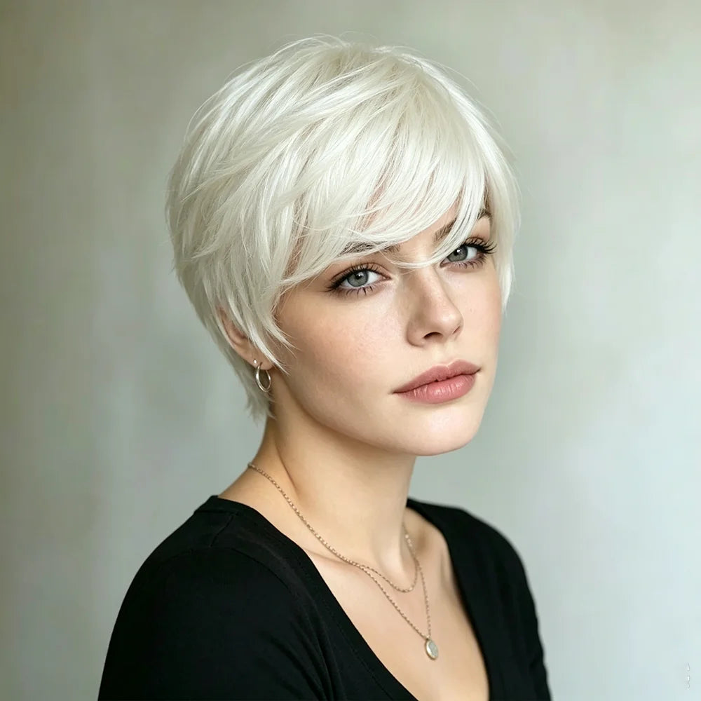 Platinum Blonde Short Pixie Cut Wigs Human Hair Layered Straight Human Hair Wigs with Bangs Soft Hair for Women Machine Made Cap