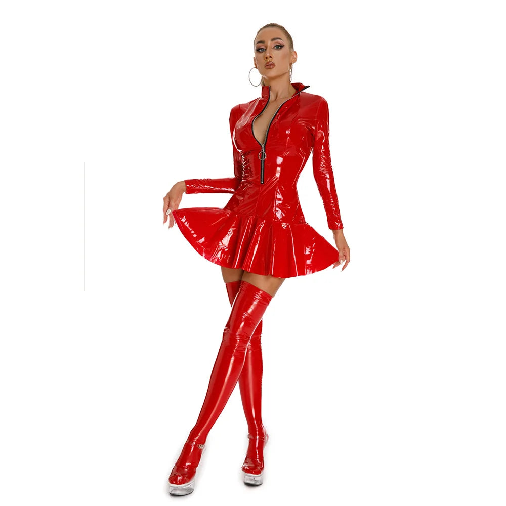 Women Sexy Latex Dress Glossy Patent Leather Stage Costumes Wear Ruffled Miniskirt Sexy Tight-fitting Ladies Clothing S-XXL Size