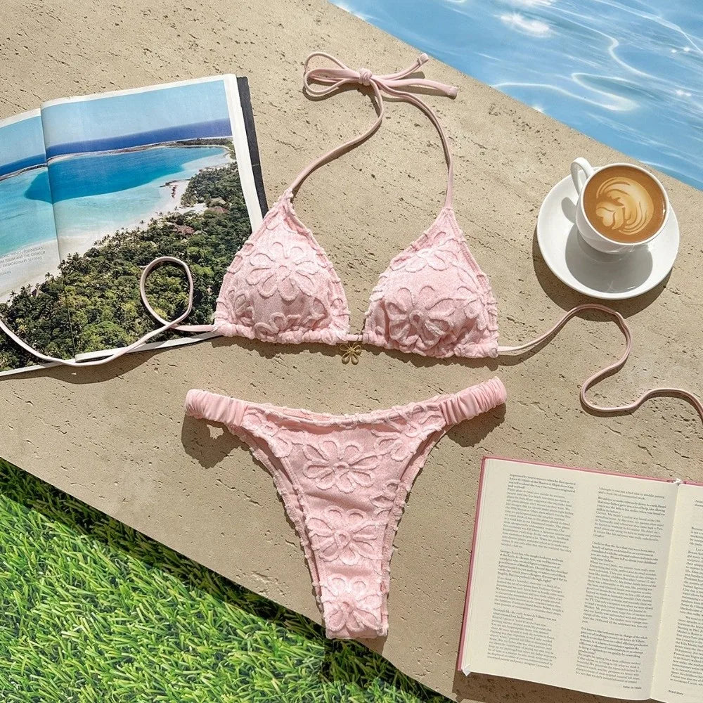 Bathing Suits Two-Piece Halter Bikini Set Flower Deep V Summer Beachwear Lace-up Elegant Women Swimsuits Holiday