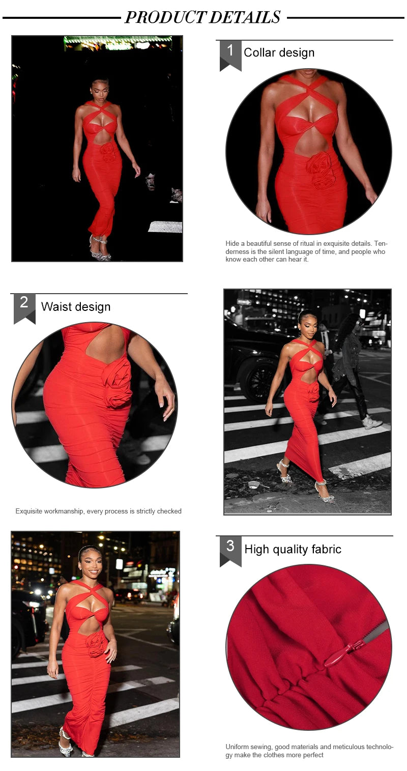 VC Red Dresses For Women Sexy Backless 3D Flowers Design Sleeveless Draped Long Dress Party Evening Vestidos