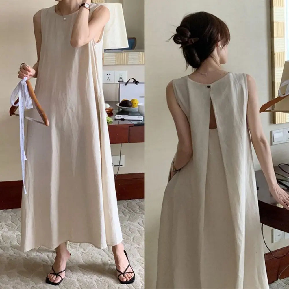 Elegant Solid Summer Sleeveless Dress Round Neck Hollowed Out Vocation Vest Dresses Beachwear Simple Open Back Long Dress Party