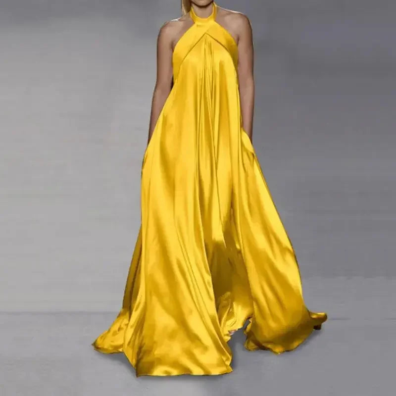 Women's Summer New Fashion Temperament Elegance Solid Color Dress Loose Hang Neck Sleeveless Big Swing Long Dress Vestidos Y2k