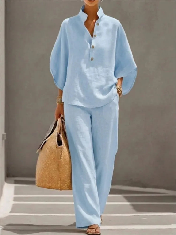 New Women's Casual Shirt Suit Fashion Elegant Balck Holiday Party 2 Piece Set Wide Leg Trousers 2-piece Set Retro Female Office