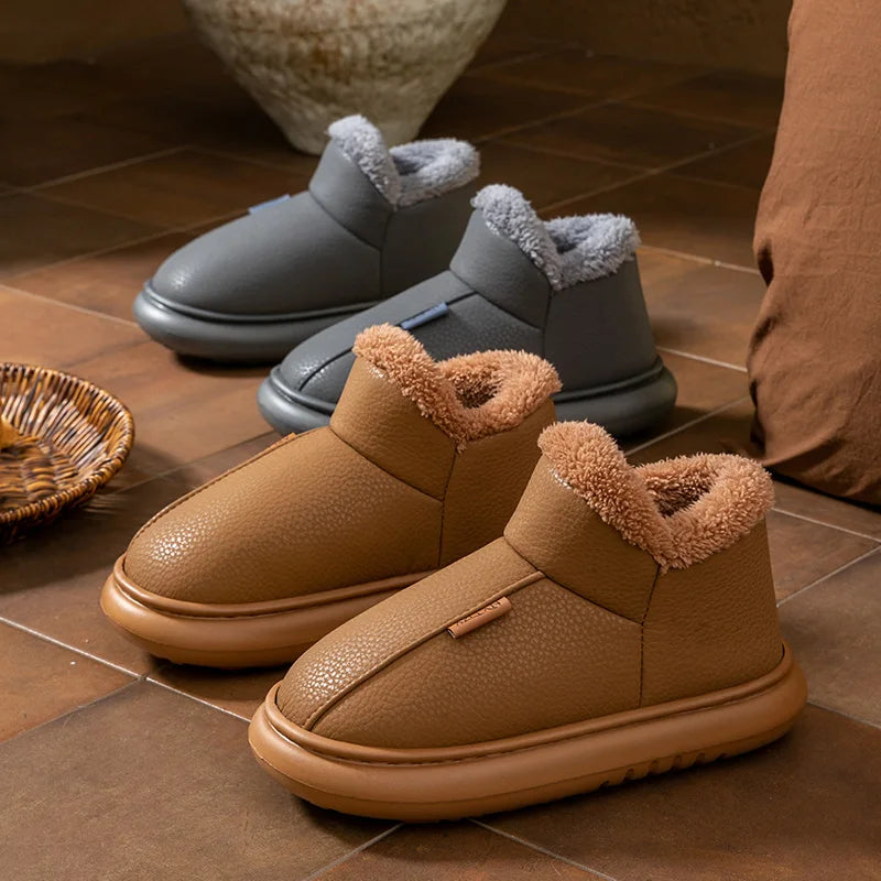 Warm Winter Snow Boots For Men Women PU Leather Waterproof House Slippers Thick Sole Fleece Lined Indoor Outdoor Couple Booties