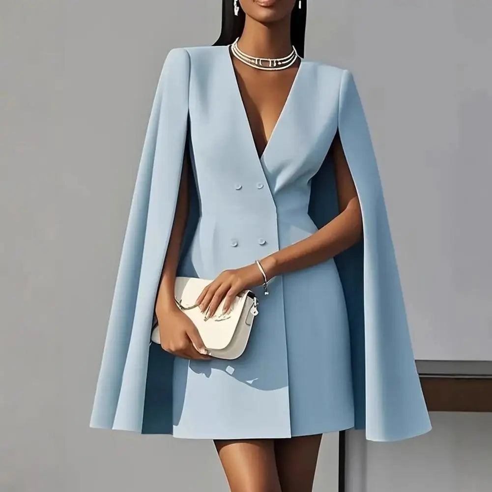 Commuting Blazer Dress for Women V Neck Cape Blazer Split Sleeve Business Mini Dress Double Breasted Office Long Skirt Dress