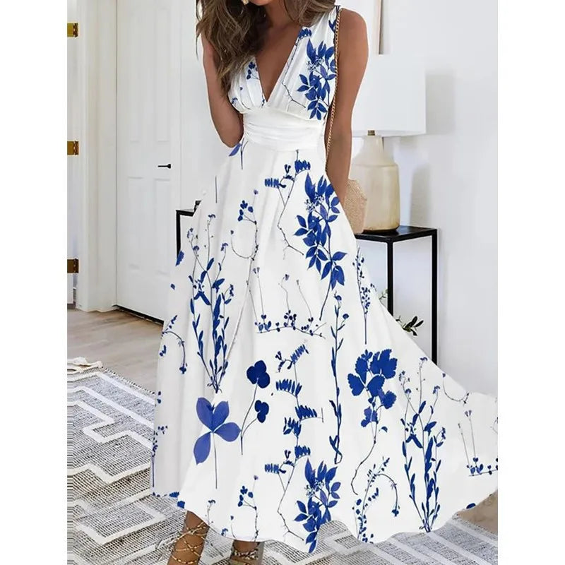 Women Dresses 2026 summer new V-neck high-waisted sleeveless floral printed sexy vest long dress women's clothing vestidoes