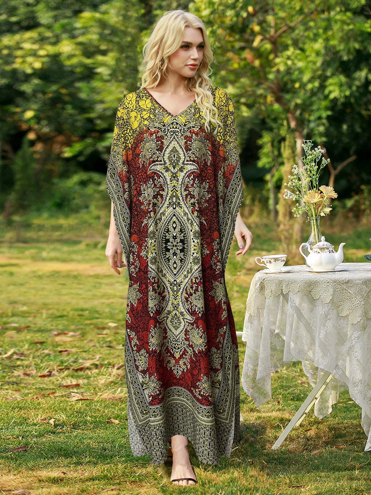 Bohemian V-neck Vacation Dresses for Women Summer Loose Casual Beach Dress Sunscreen Ethnic Printed Long Dress Middle East Robe