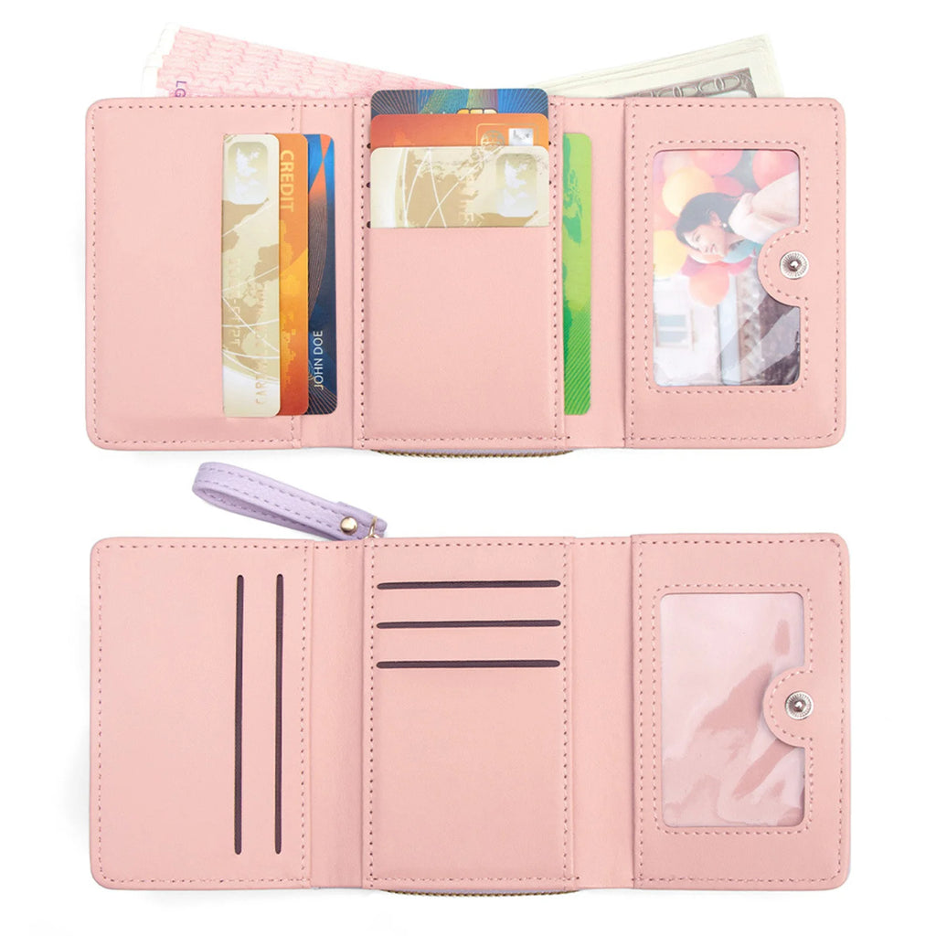 Women Short Tri-fold Wallet with Heart Embroidery Multiple Card Slots Compact Card Holder Lightweight Purse Organizer