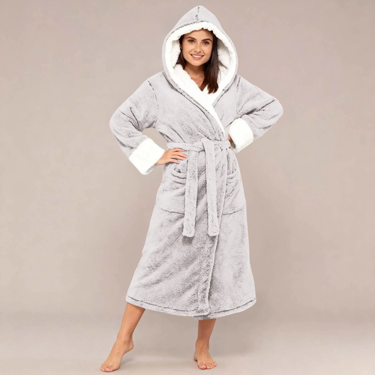 Women Hooded Bathrobe Adjustable Waistband Nightgown Mid Length Lady Homewear Bathrobe For Winter Thick Fleece Warm Lace Up