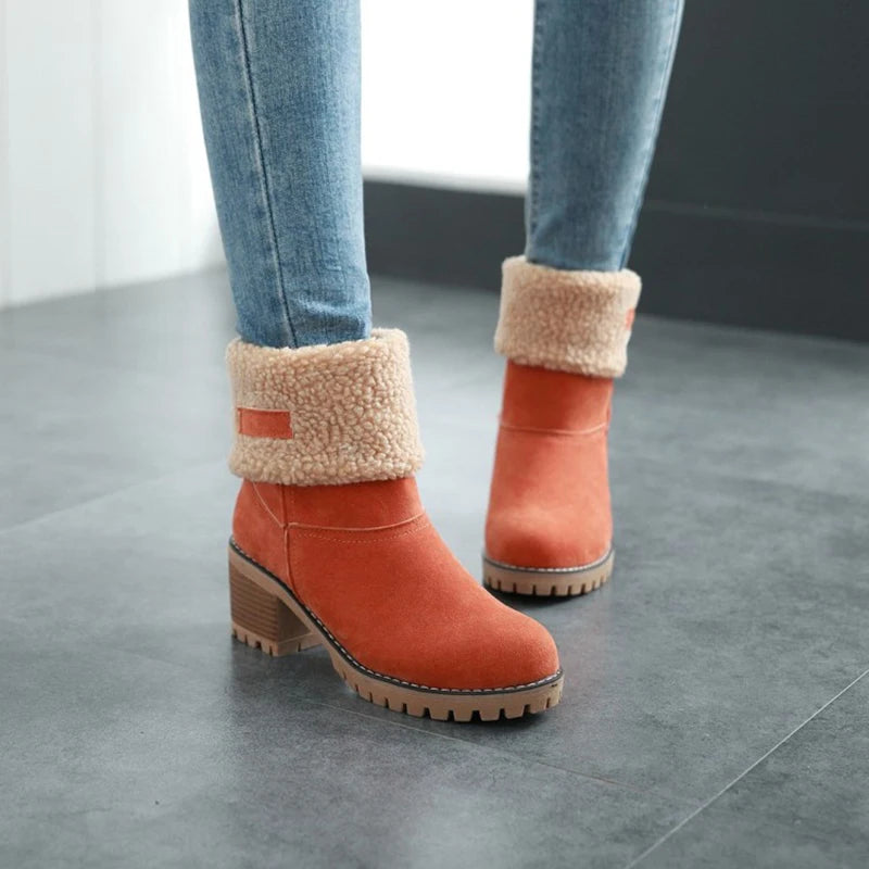 Womens Boots Female Winter Shoes Fur Snow Boots Warm Plush Women's Shoes Square High Heel Ankle Boots Black Botas De Mujer