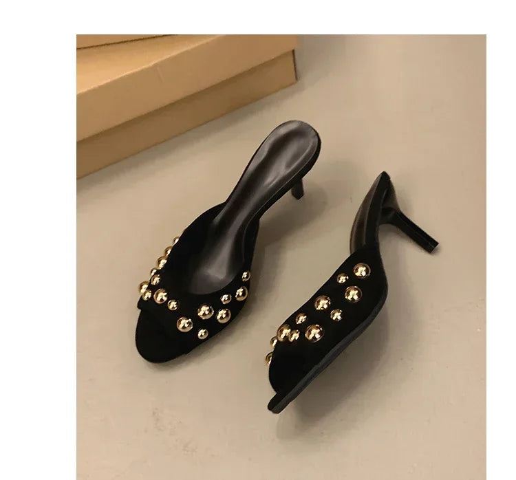 2026 Summer New Women's Shoes Black Velvet Effect Studded Backless One-foot Stiletto Sandals Women's High Heels Zapatos De Mujer