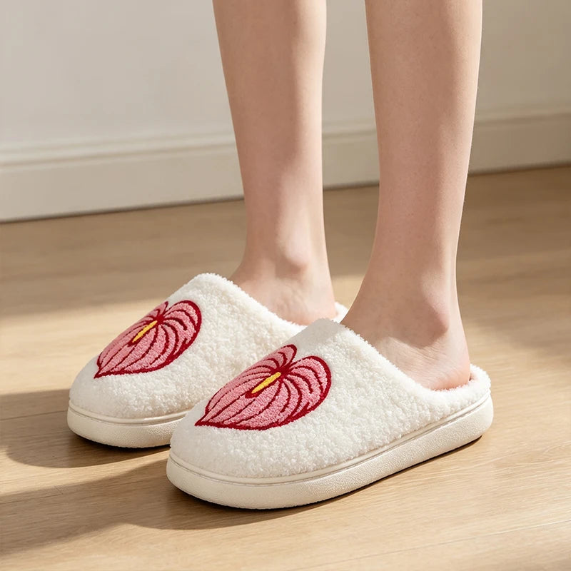 Women Fuzzy Embroidery Slippers Floral Non-Slip Indoor Winter Warm Plush House Shoes Soft Cozy Home Bedroom Footwear slippers