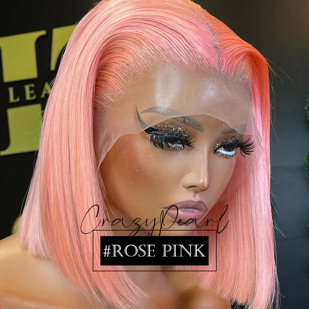 CrazyPearl Rose Pink Short Colored Bob Human Hair Wigs 13X4 Straight Bob Wig Human Hair Lace Front Wigs 10Inch-14Inch